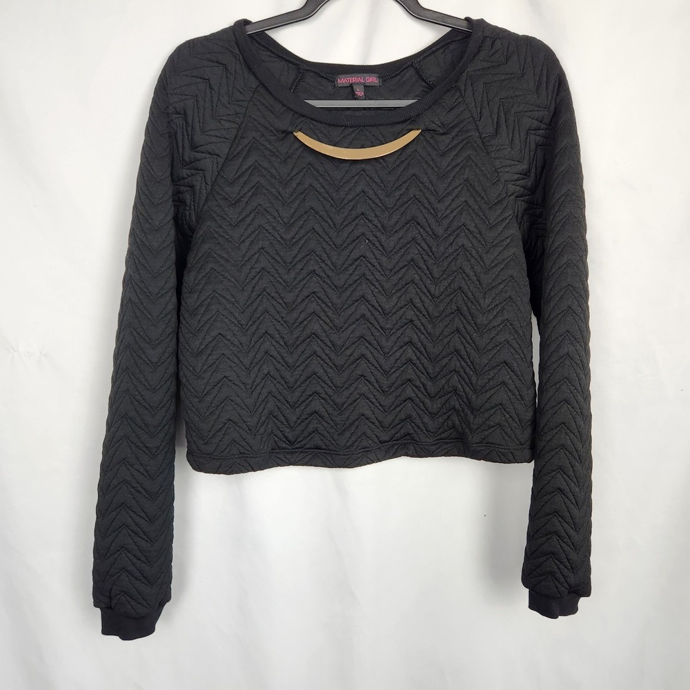Material Girl Black Textured Scoop Neck Long Sleeve Crop Top Neck Accent Size‎ L